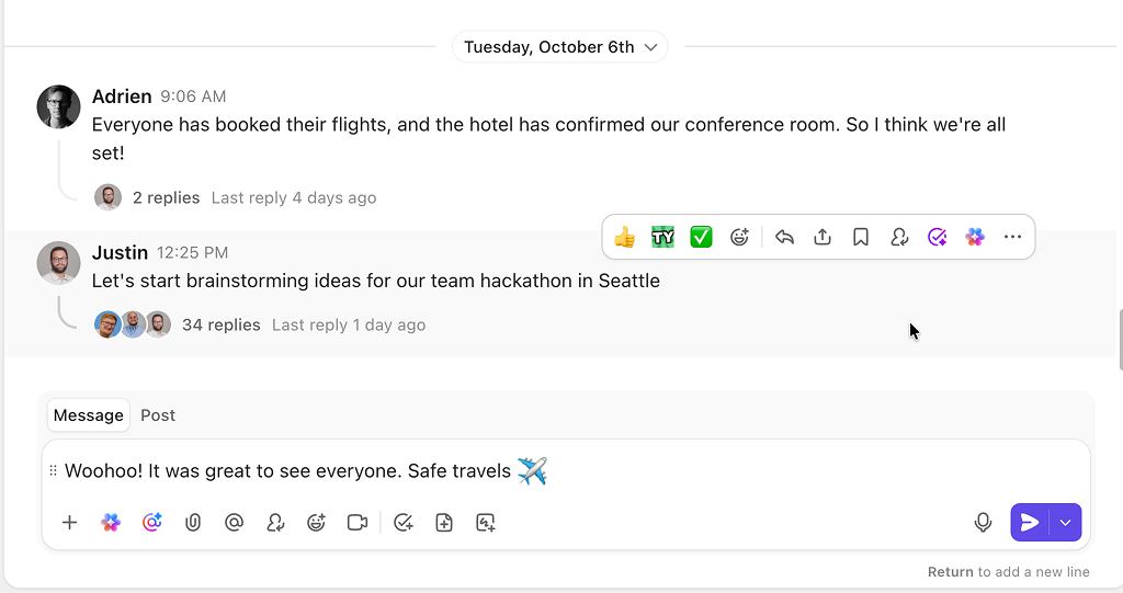 A ClickUp chat channel showing teammates collaborating in discussion threads.