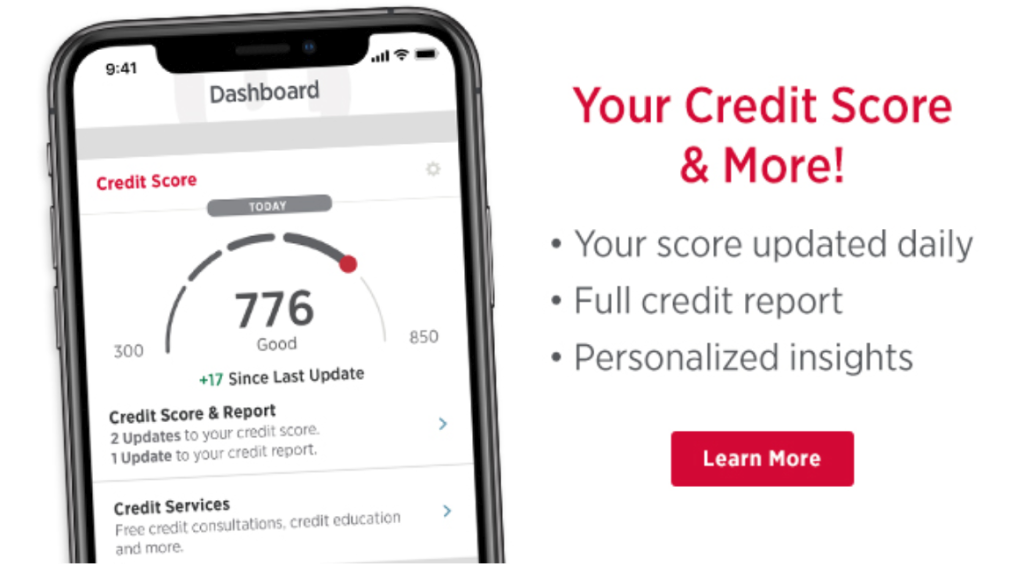 A mobile phone displaying a credit score and related information like recent credit score changes and updates to the credit report.