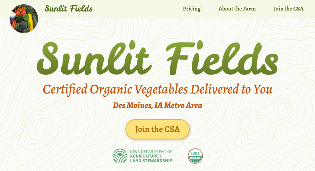 The homepage for an organic vegetable farm, with information about how to join the farm's CSA