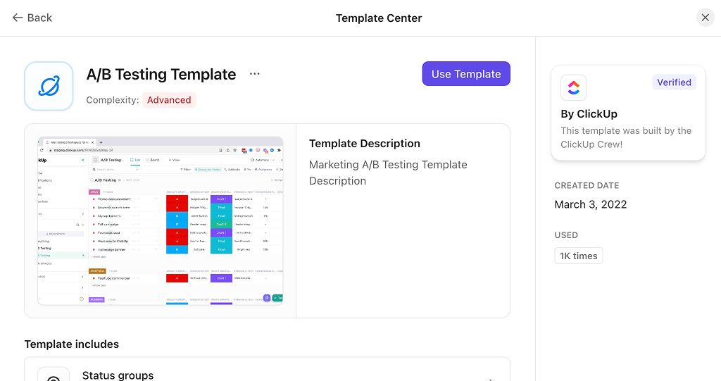 ClickUp Template Center, showing an example template with a screenshot and associated metrics, complexity, and other information.